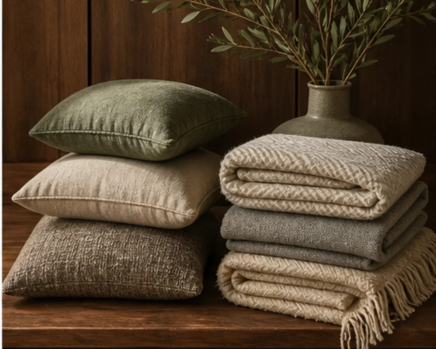 Wohnaccessoires mit Kissen und gefalteten Decken auf einer Holzbank