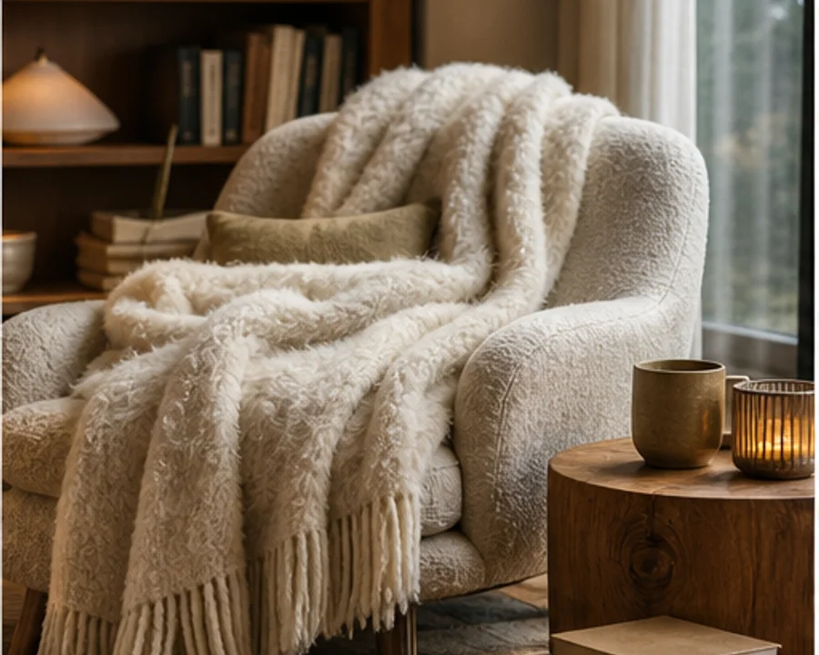 Weiche Kuscheldecke neben Büchern in einer hellen Leseecke