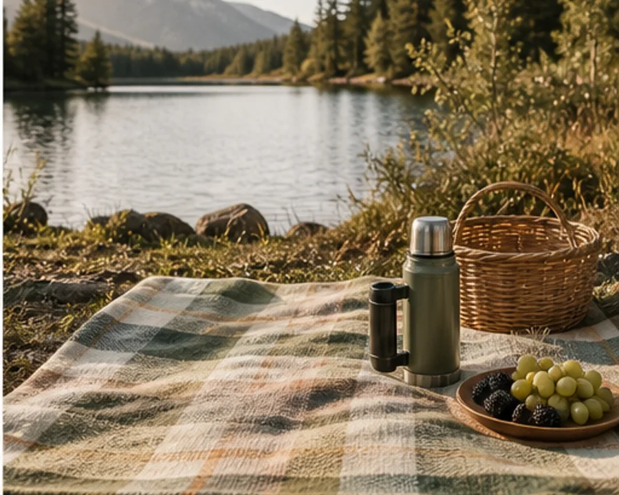 Picknickdecke am See mit Korb, Thermosflasche und ruhiger Naturkulisse