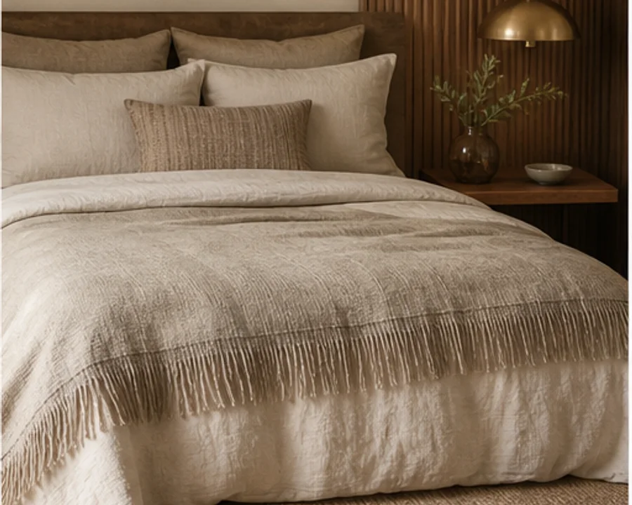 Elegantes Schlafzimmer mit Tagesdecke auf Leinenbett und ruhiger Farbpalette