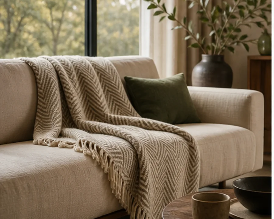 Luxuriöse Wohndecke auf einem modernen Sofa in warmem Naturlicht