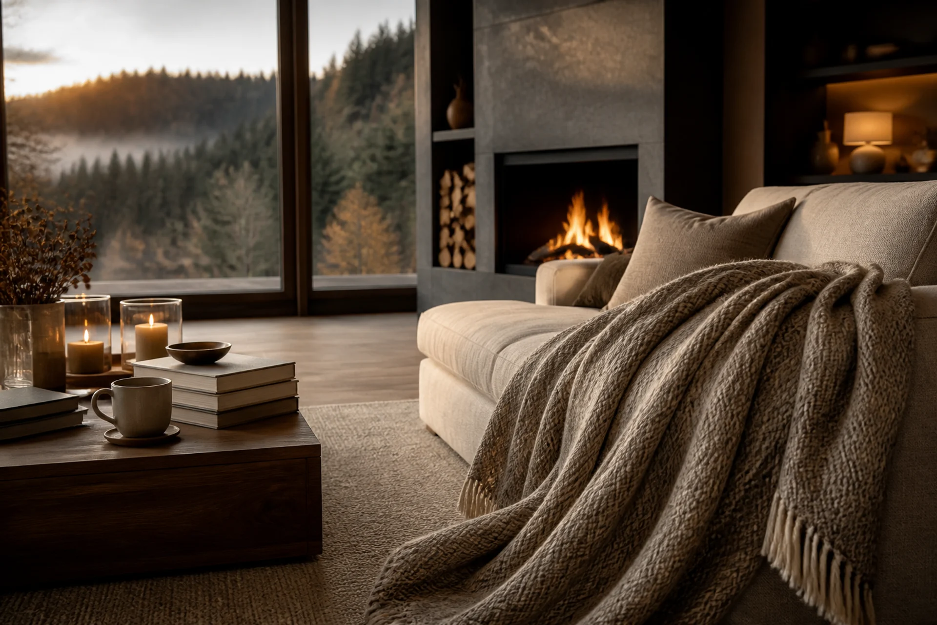 Luxuriöse Wolldecke auf einem modernen Sofa am Kamin mit Büchern, Kerzen, Kaffee und Panoramafenstern zur Natur
